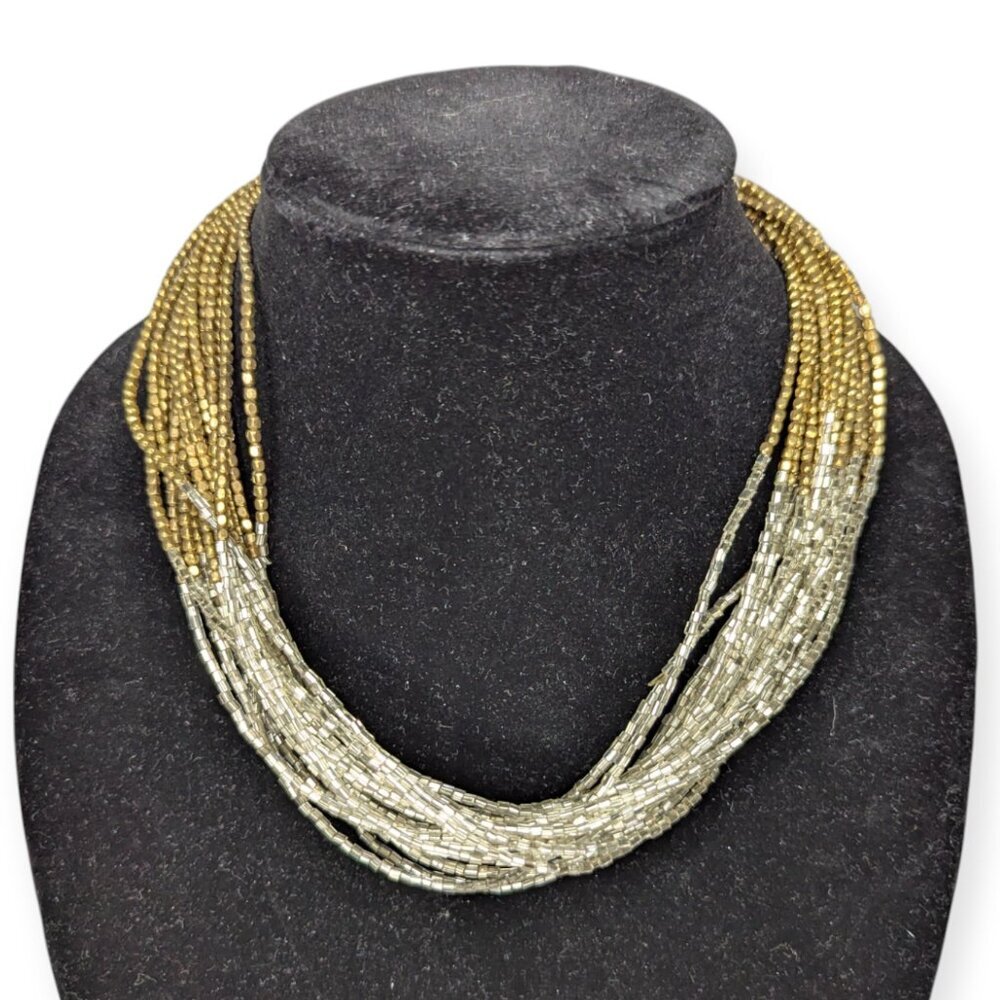 Tasha Gold & Silver Tone Seed Beads Multi Strand Necklace w/Lobster Claw Clasp